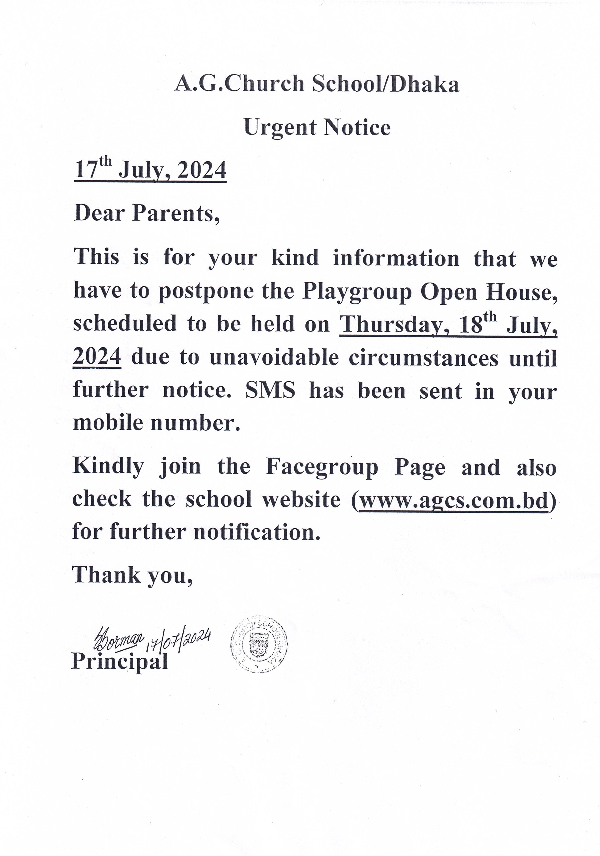 Urgent Notice for Playgroup Parents of 2024-2024